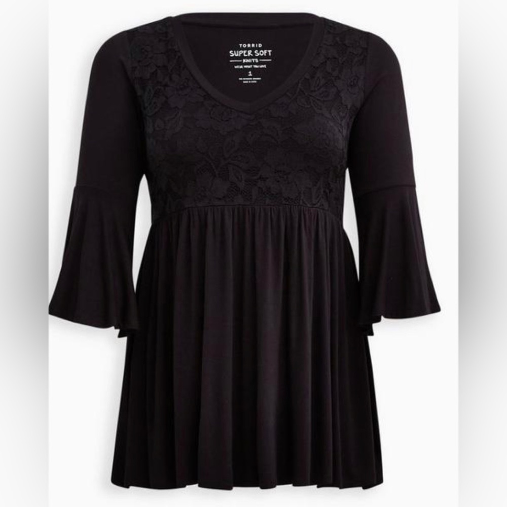 Torrid Babydoll Knit V-Neck Lace Bodice Flare Sleeve Top